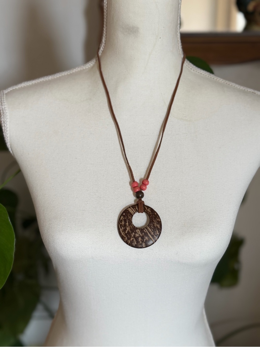 Vintage Hawaiian Coconut Shell Pink Beaded Leather Strap Necklace